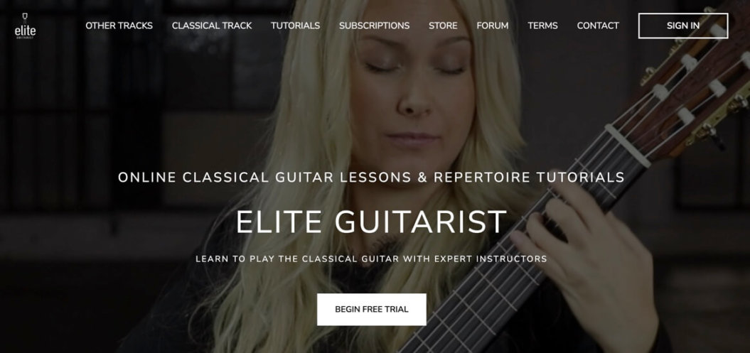 An image showing EliteGuitarist's website homepage, a video membership website for music enthusiasts.