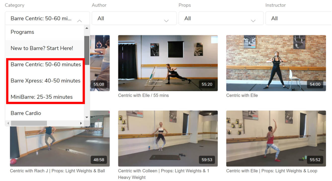 Barre Centric training type categorization