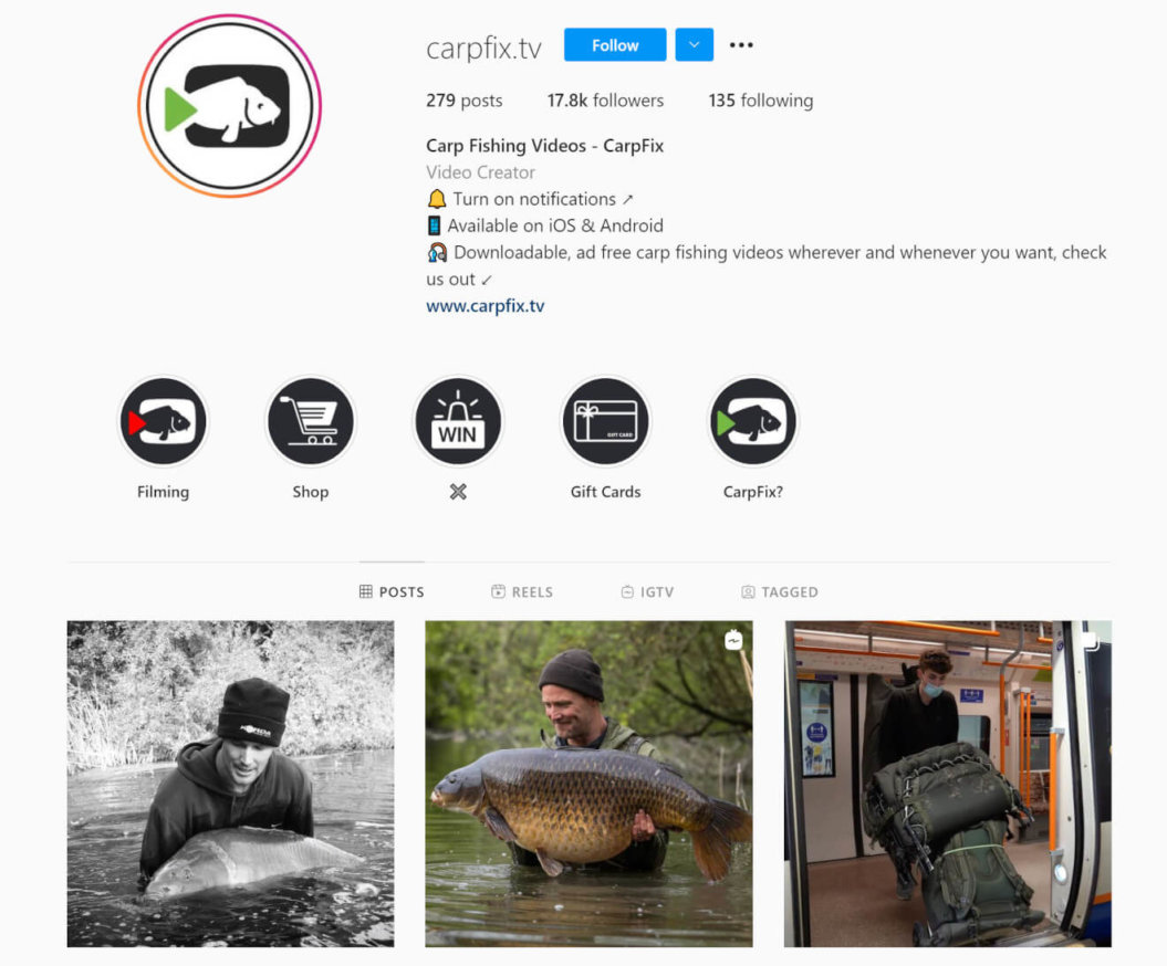 A screenshot of Carpfix.TV's Instagram.