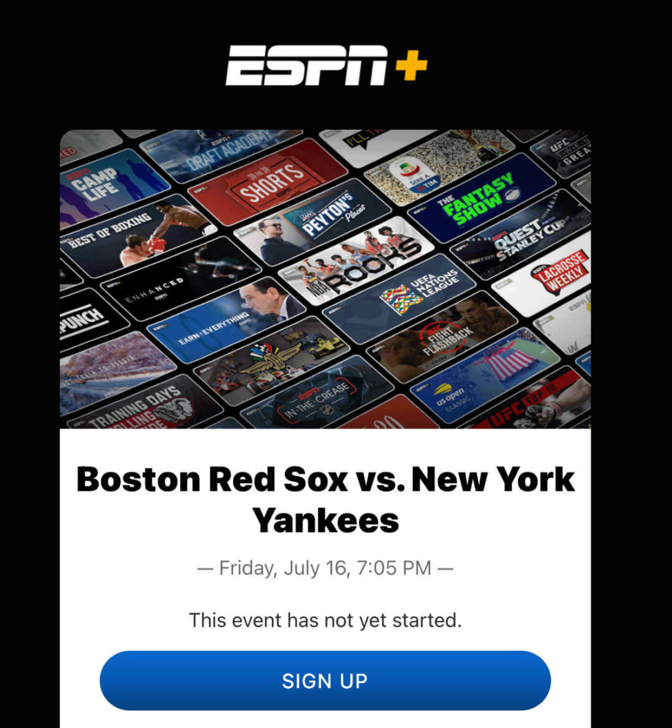 A screenshot of a ESPN Plus event streaming with OTT live streaming technology.