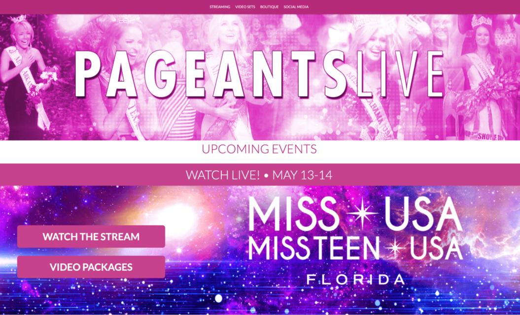 A screenshot of Pageants Live's homepage for upcoming events streamed using OTT apps.