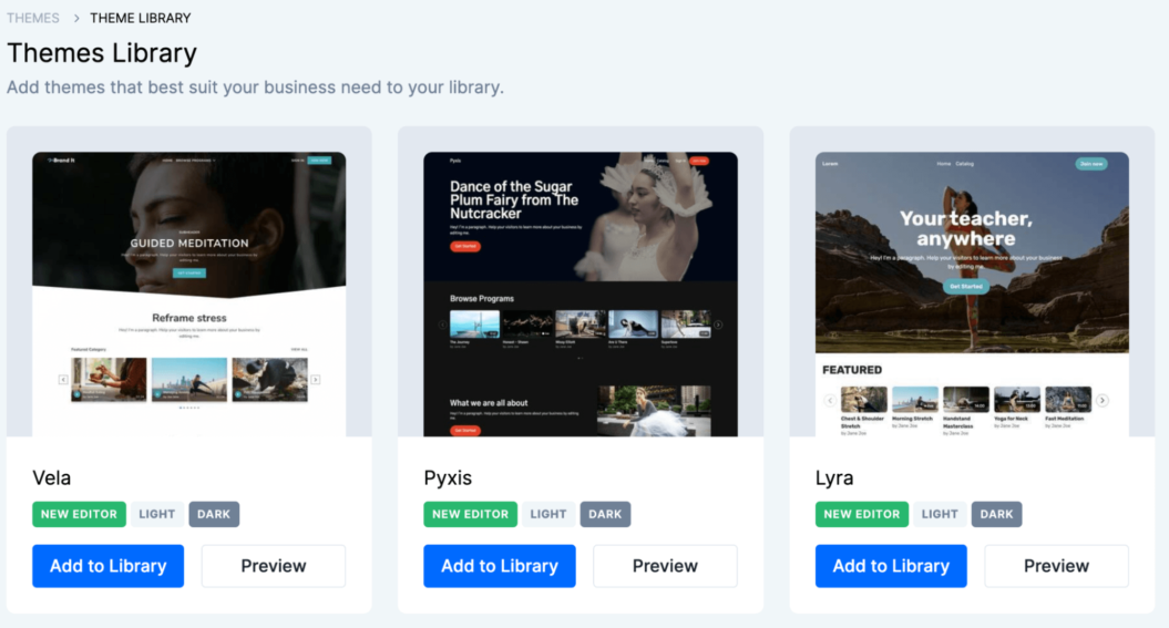 An image shows the themes library available to creators to customize their video website.