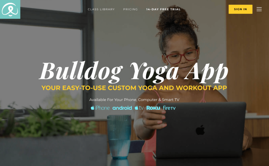 A screenshot of Bulldog Yoga OTT app and website.