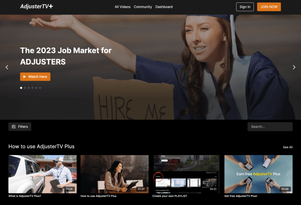 A screenshot of AdjusterTV+.