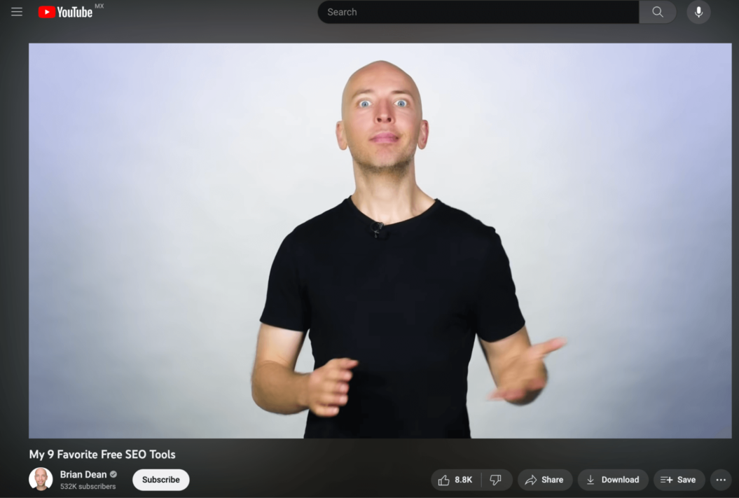 A screenshot of Brian Dean's YouTube video for favorite free SEO tools.