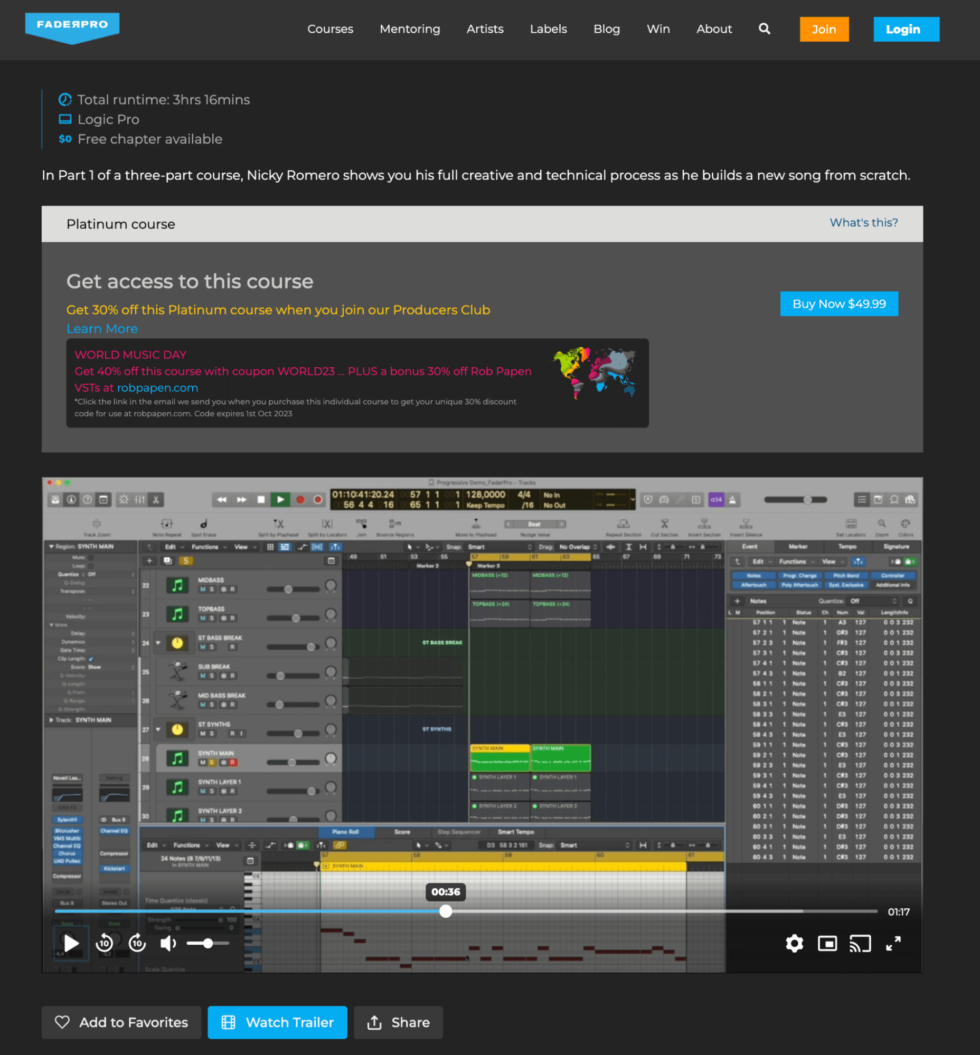 A screenshot of how Fader Pro sells its content through one-off online courses or under a membership.