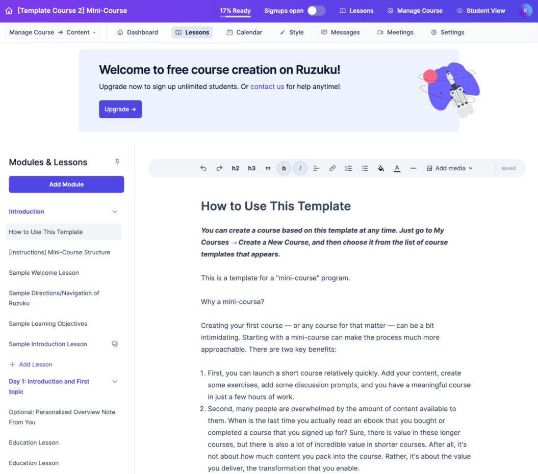 A screenshot of how an online course is built on Ruzuku, a Kajabi alternative.