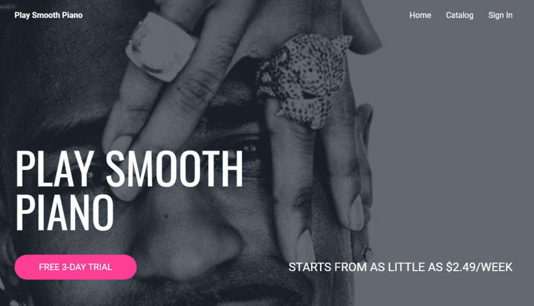 An image of PlaySmoothPiano subscription business homepage.