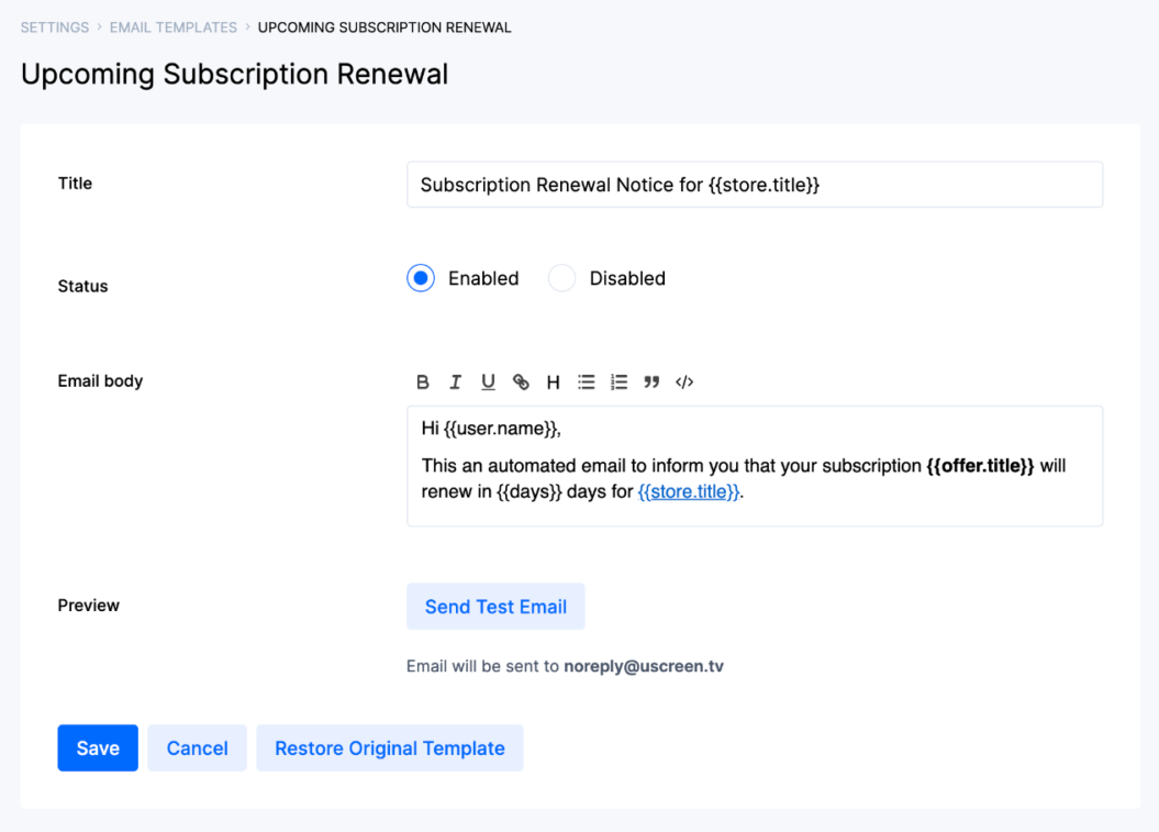 A screenshot of the subscription renewal email Uscreen customers can send to their members.