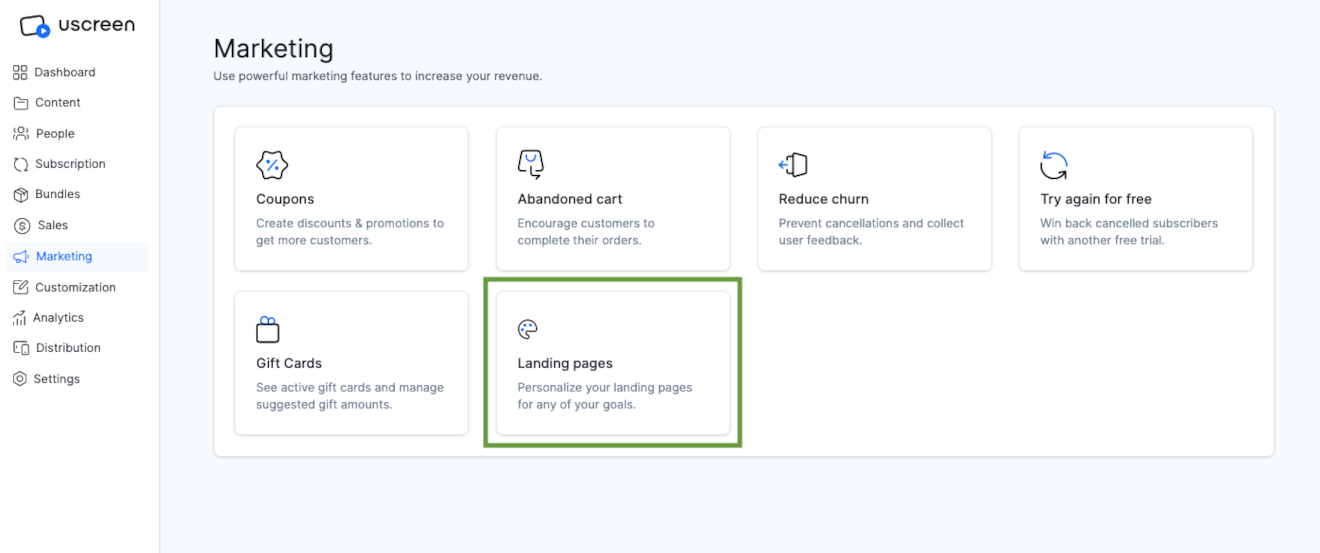 uscreen dashboard landing page builder