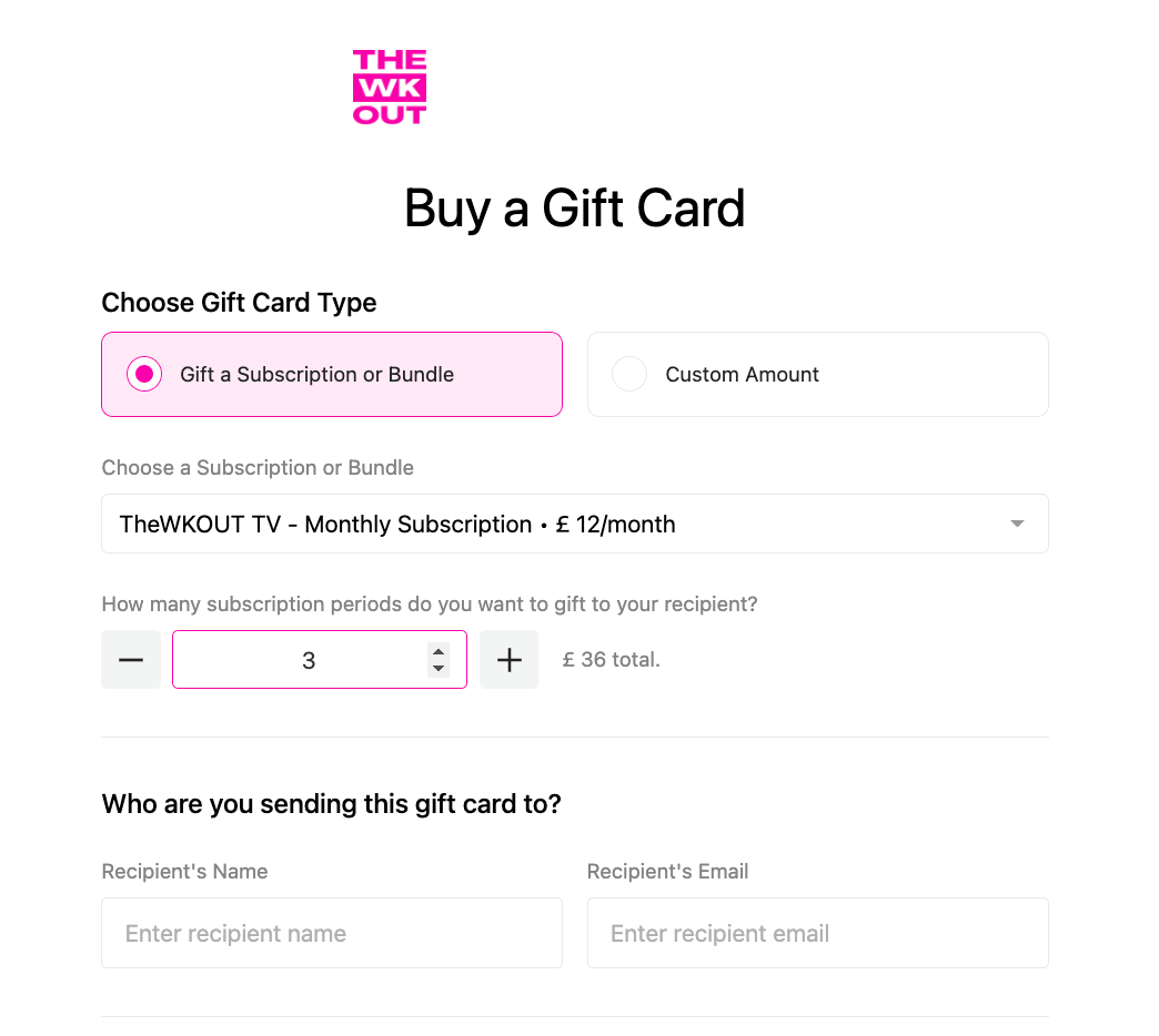 A image of a gift card from subscription based business called TheWKOUT.