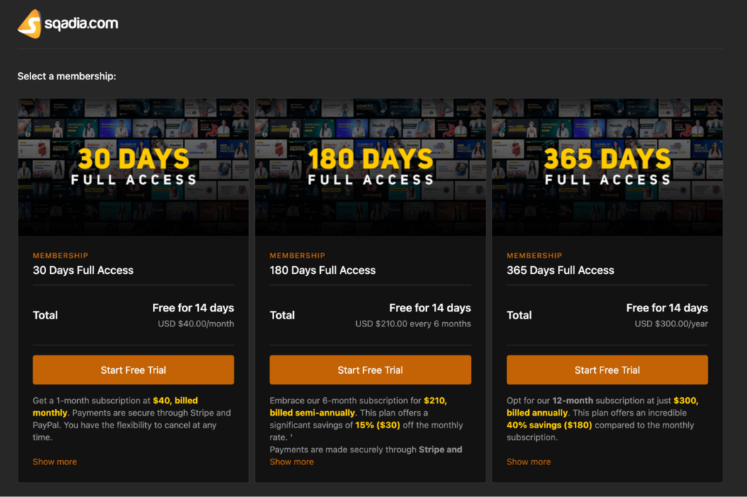 A screenshot shows Sqadia, a membership site offering online courses under monthly paid plans.