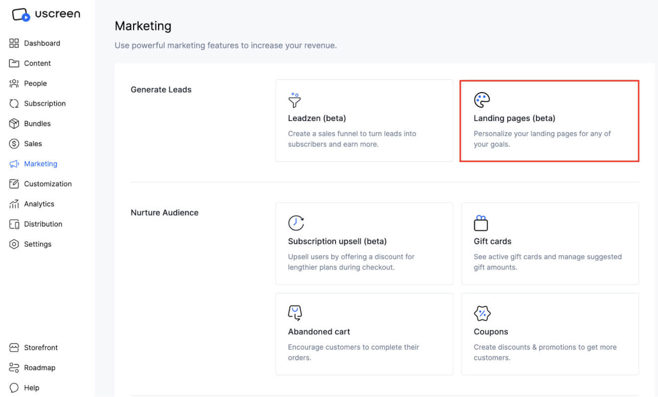 Uscreen Dashboard Landing Page Builder