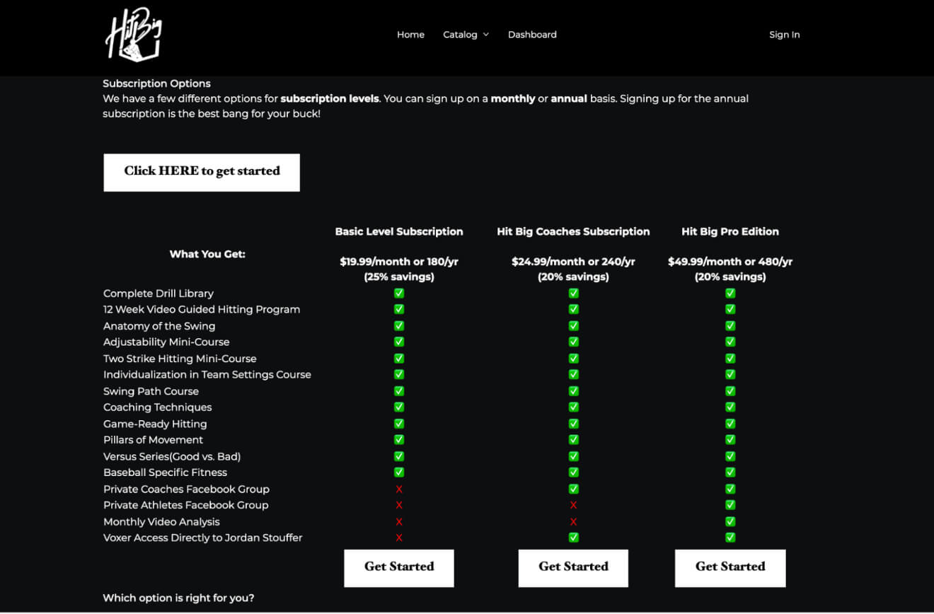A screenshot of HitBig Baseball platform.
