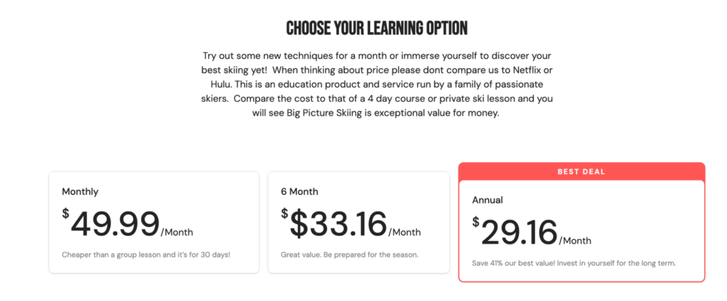 Image showing BigPictureSkiing's different learning and pricing plans.