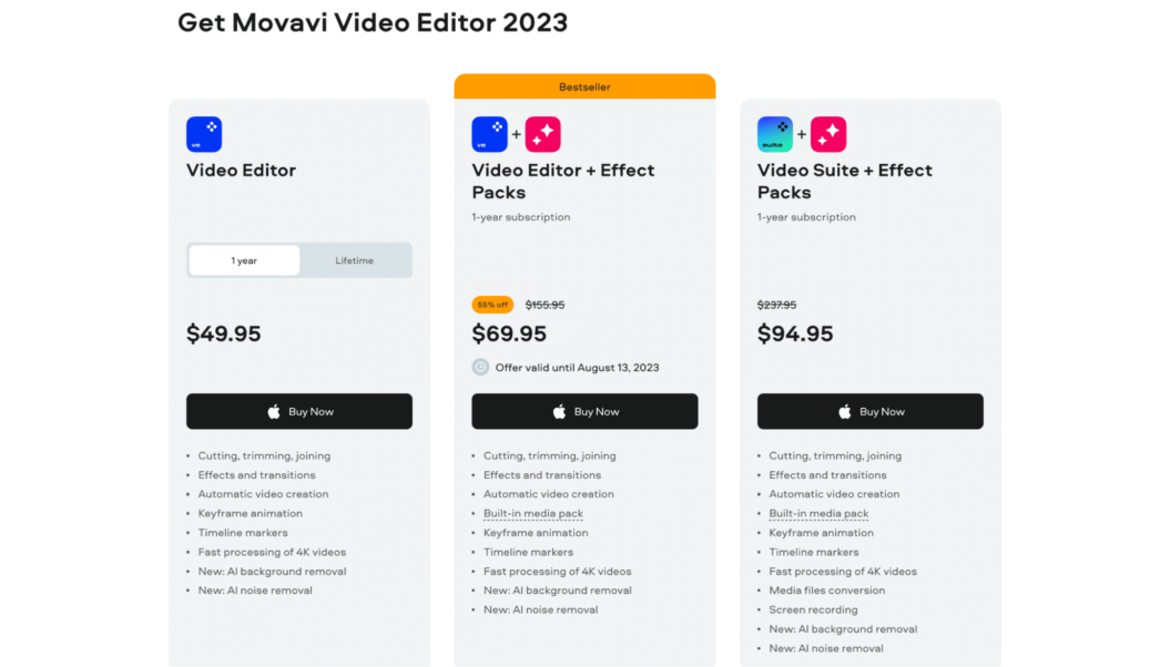 Screenshot of Movavi's Video Editor pricing.