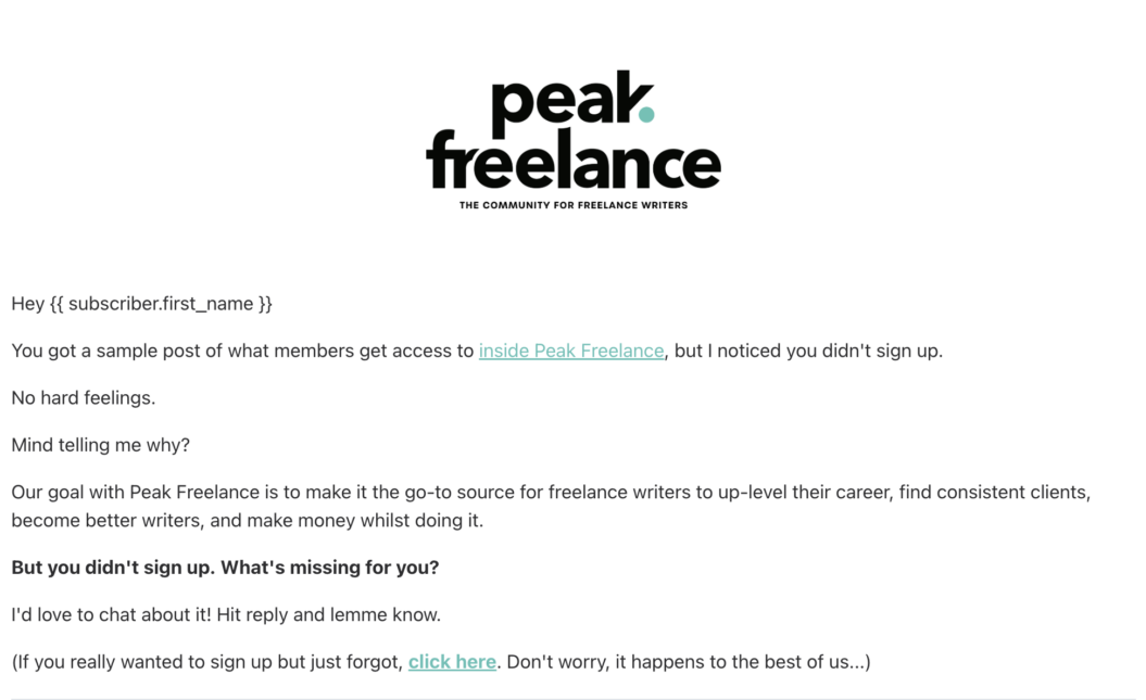 Image showing email series from PeakFreelance, the community for freelance writers.