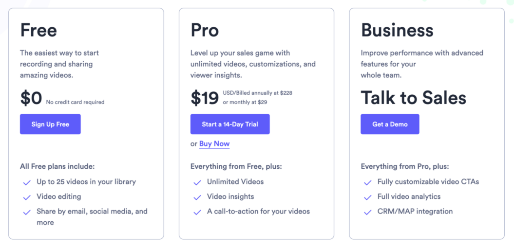 A screenshot of video CMS Vidyard pricing.