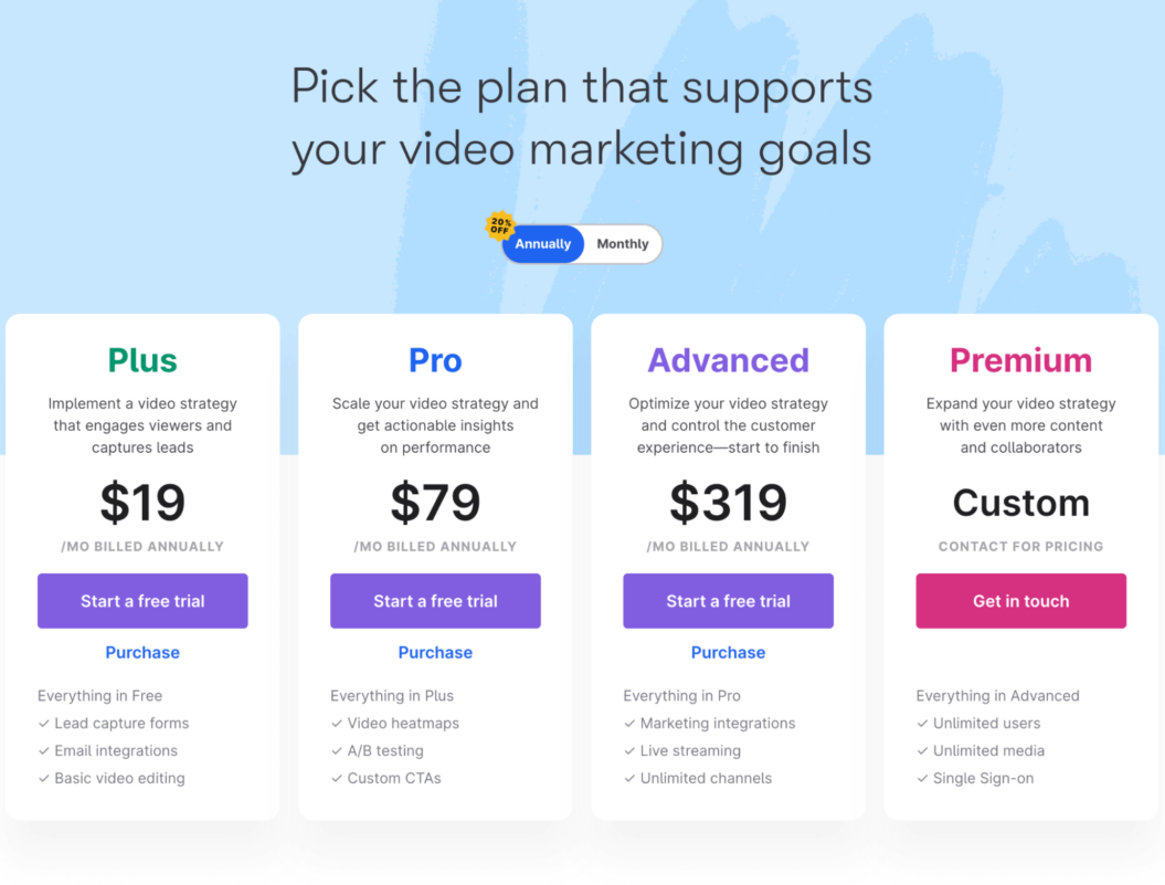 A screenshot of Wistia's pricing plans.