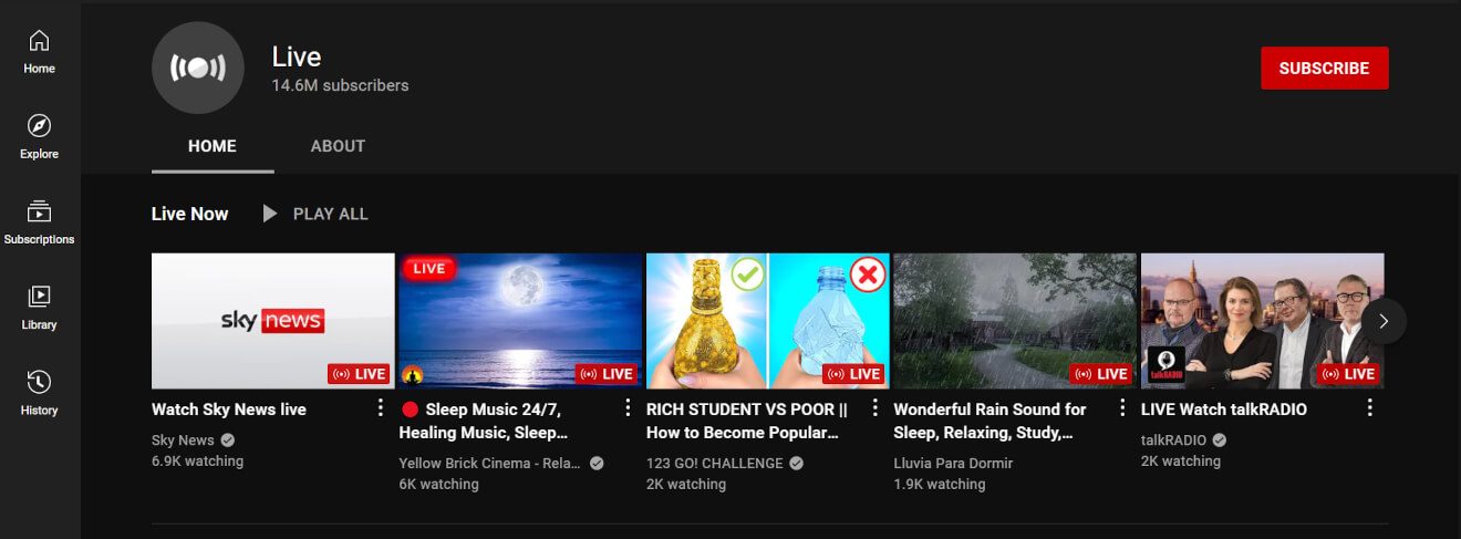 YouTube Live Section