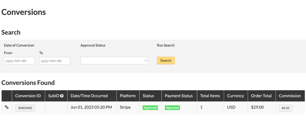 A screenshot of an affiliate program dashboard.