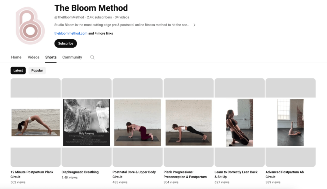 Image showing The Bloom Method's Shorts section on YouTube.