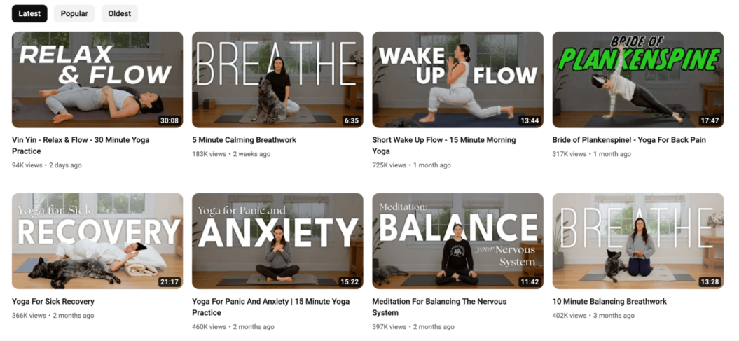 Image showing Yoga With Adriene's YouTube channel library.