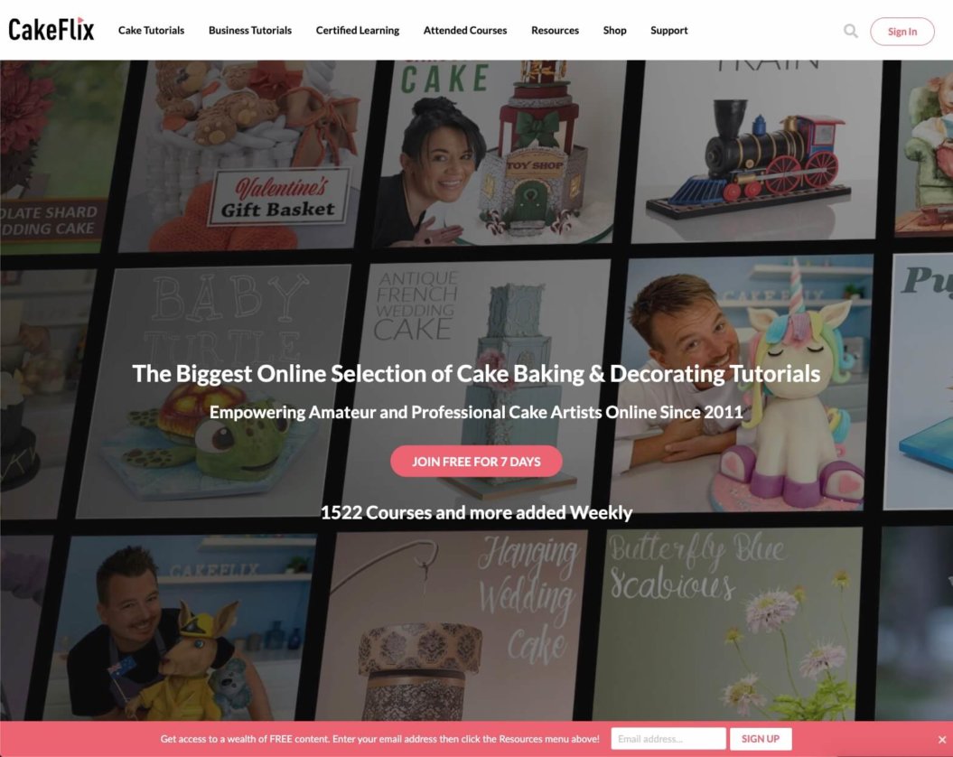 A screenshot of Cakeflix, a video subscription website for cake enthusiasts.