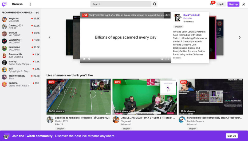 A screenshot of Twitch's homepage.