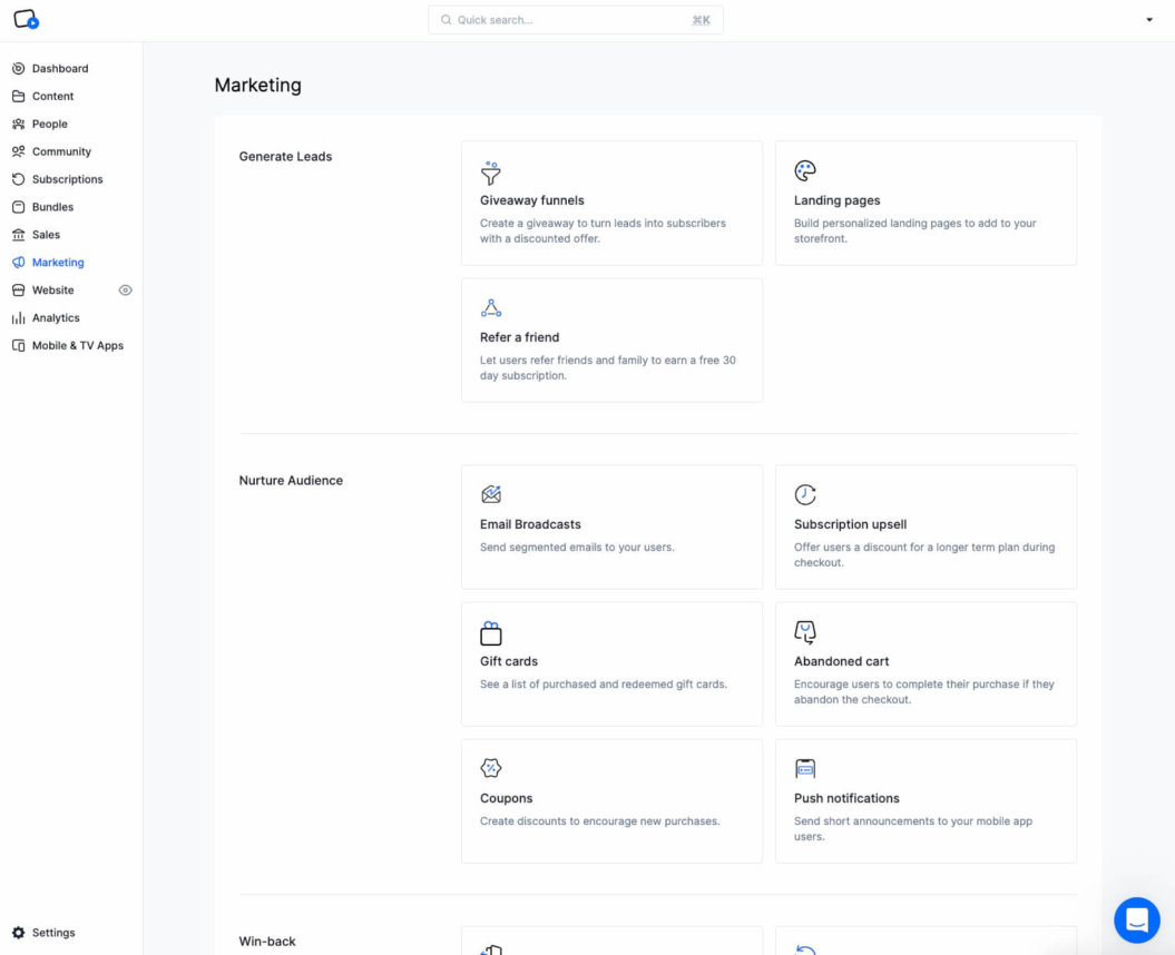 A screenshot of a Uscreen admin dashboard for a video subscription website.