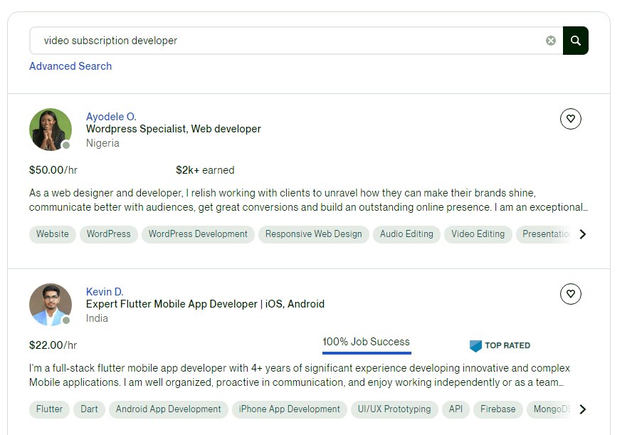 An image showing gigs for video subscription website developers.