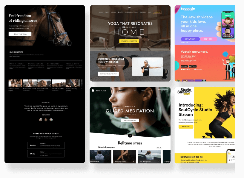 A gallery of Uscreen's options for a video subscription website theme customization.