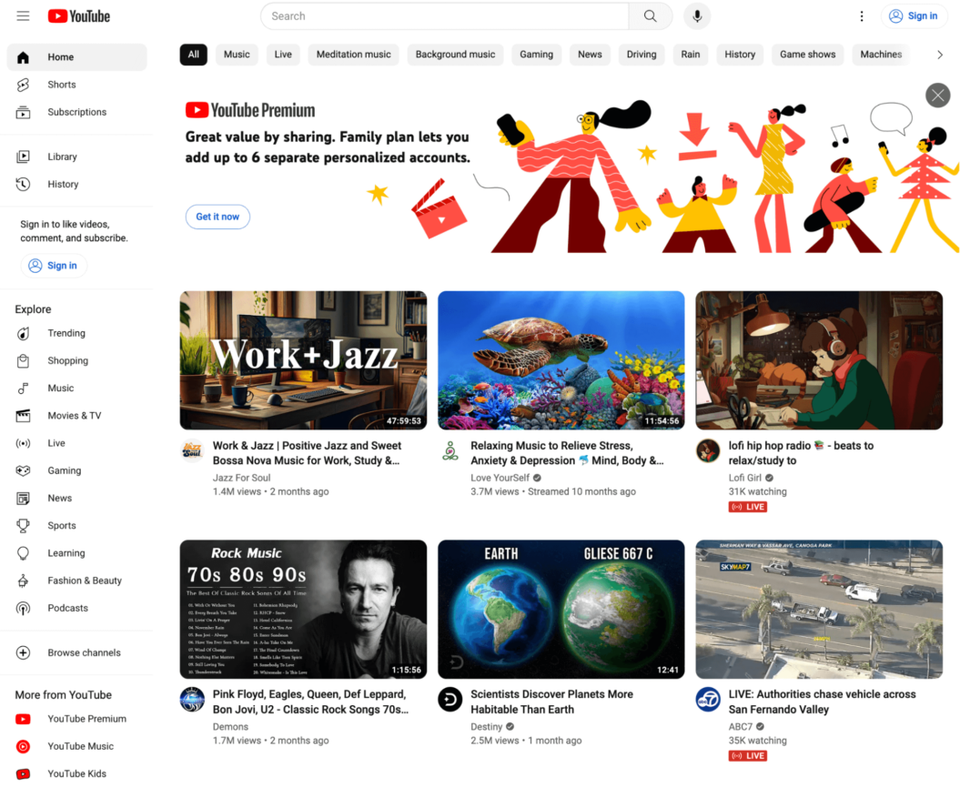 A screenshot of YouTube homepage for logged out users.