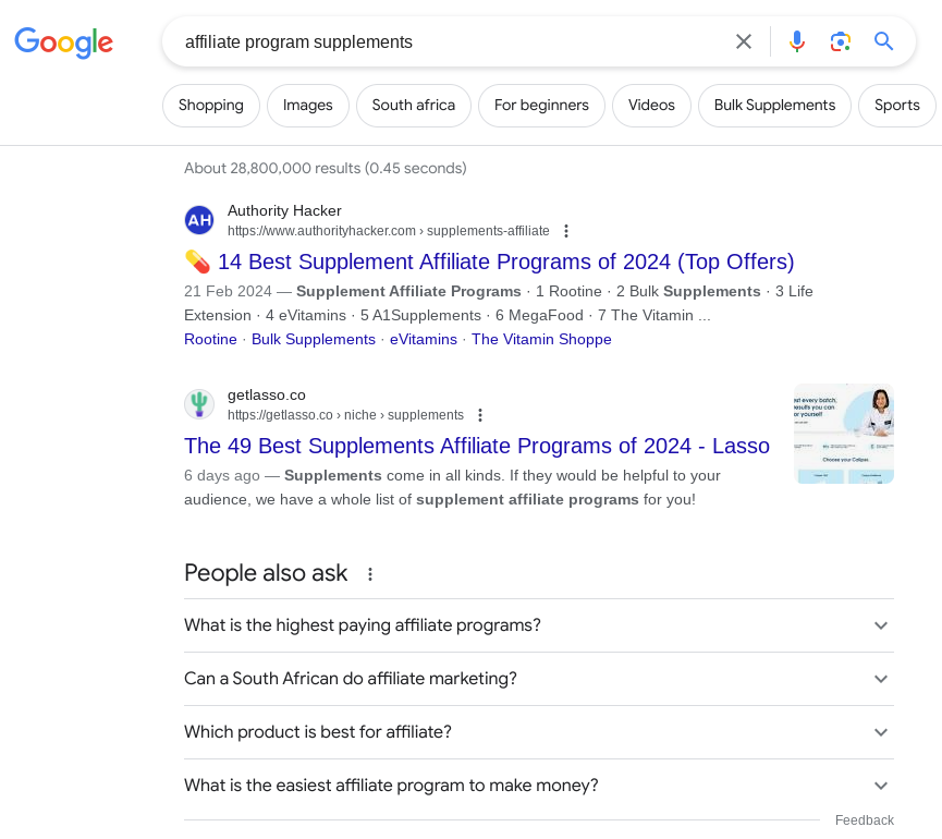 Google Search for affiliate marketing opportunities