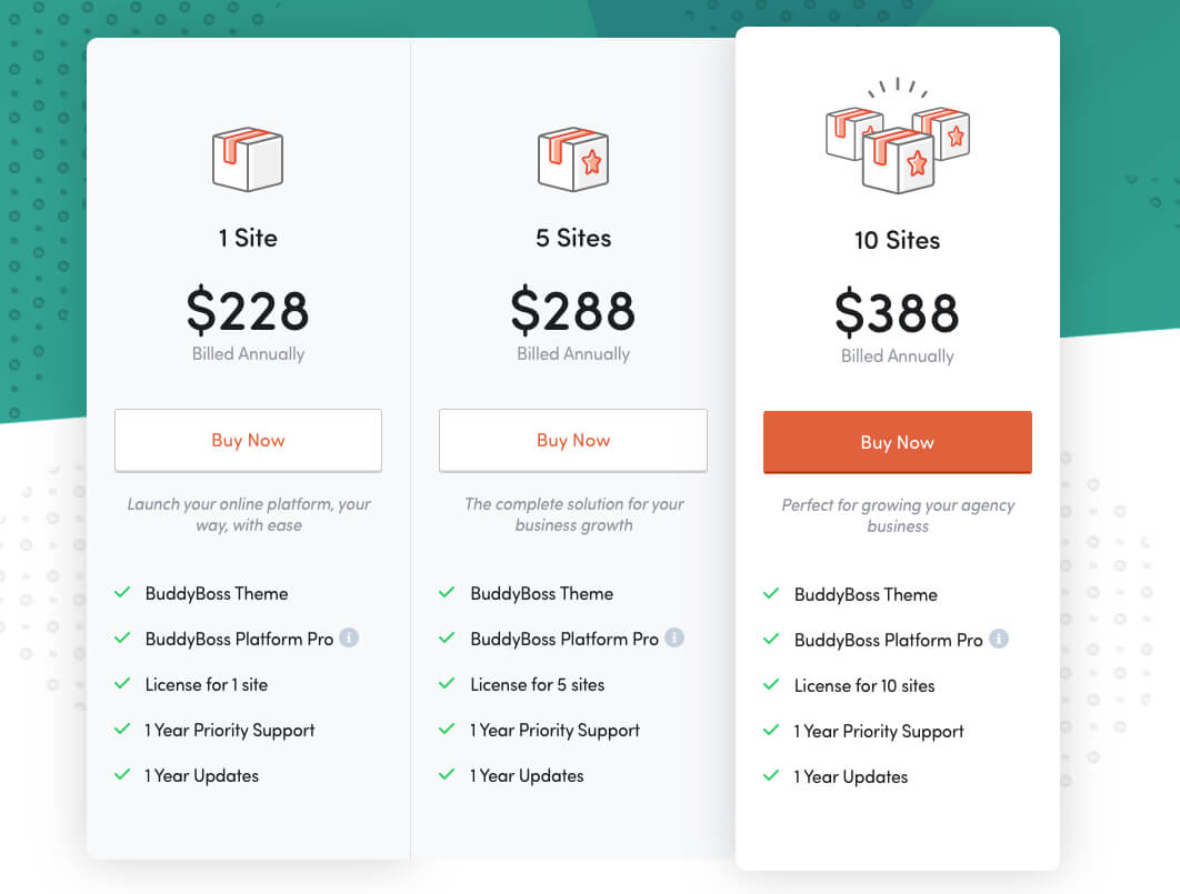 Pricing information for BuddyBoss, one of the best online community platforms.