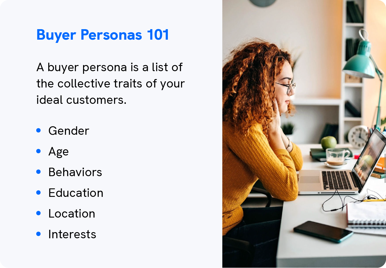 A list identifies what a buyer persona is and lists common traits to help people learn how to market online courses.