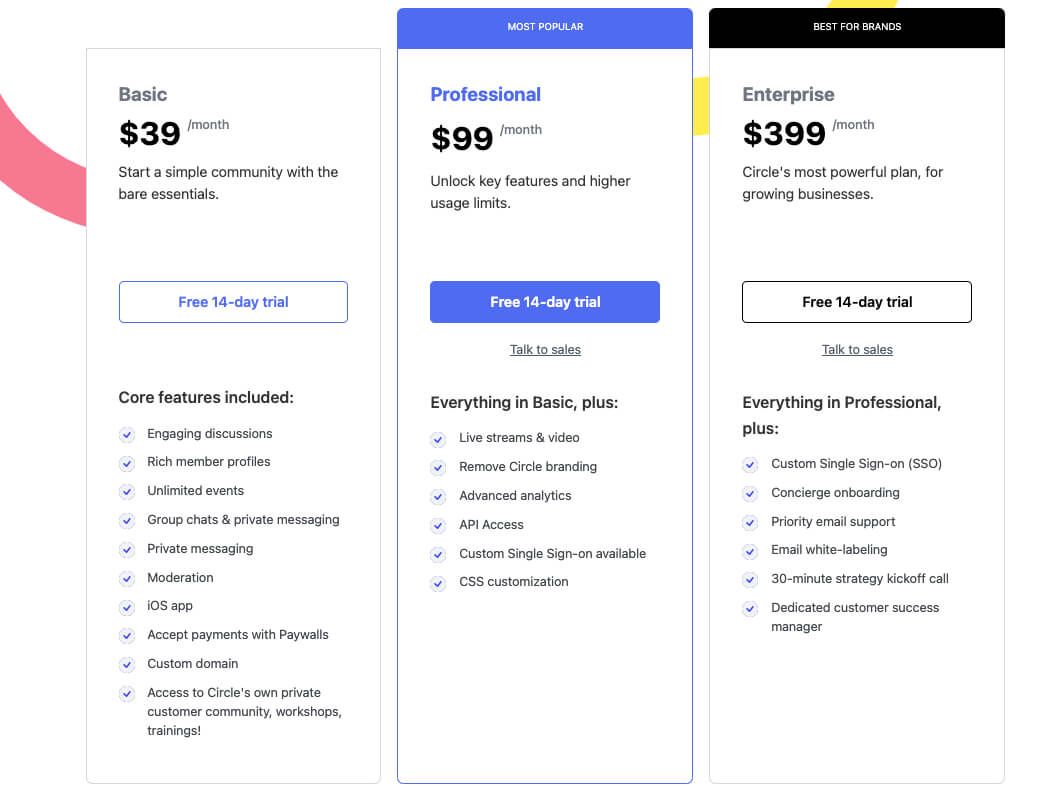 Pricing information for Circle, one of the best online community platforms.