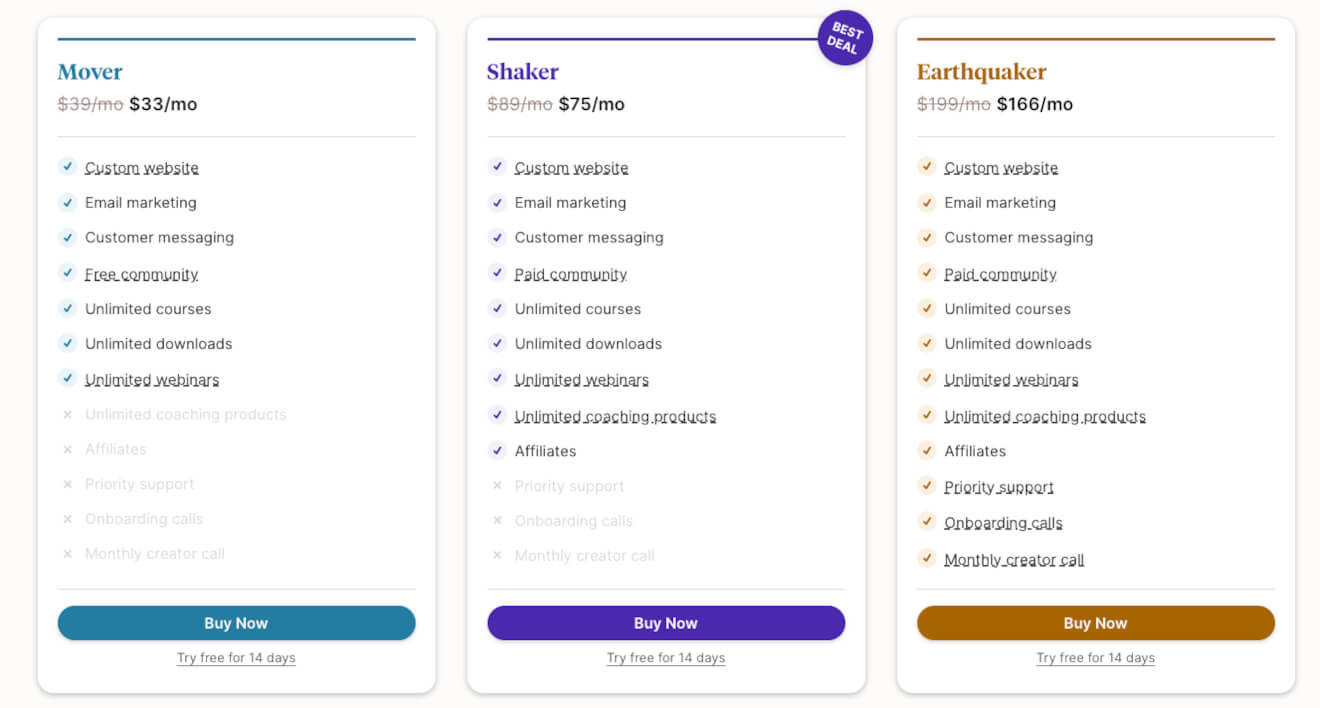 Pricing information for Podia, a Mighty Networks alternative.
