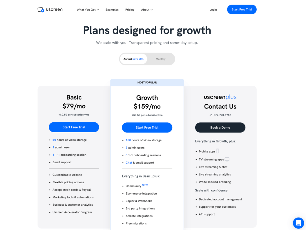 A screenshot of Uscreen's pricing plans.