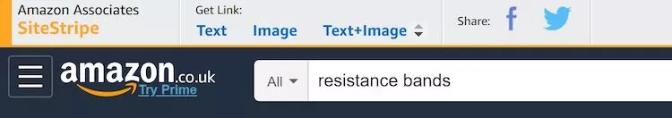 Searching for "resistance bands" on Amazon UK using Amazon Associates' Site Strip bar.