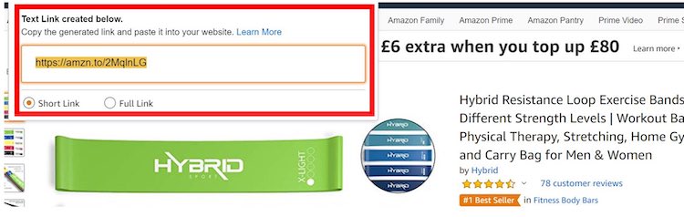 Amazon Associates "copy text link" option for hybrid resistance loop exercise and workout band.