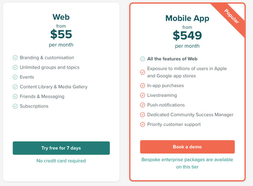 Pricing information for Disciple, a Mighty Networks alternative.