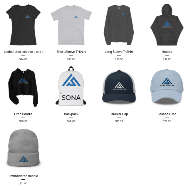 SonaFitness online store selling fitness branded apparel.