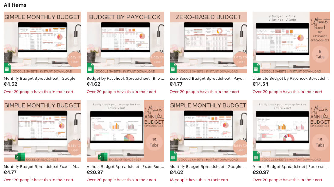 A screenshot of Girls Who Budget's Etsy store, where they use it to sell digital products.