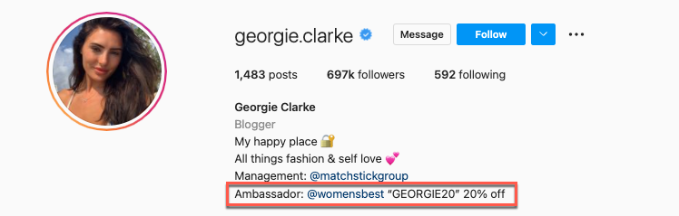 Georgie Clarke's Instagram page disclosing that she is a brand ambassador for Women's Best.