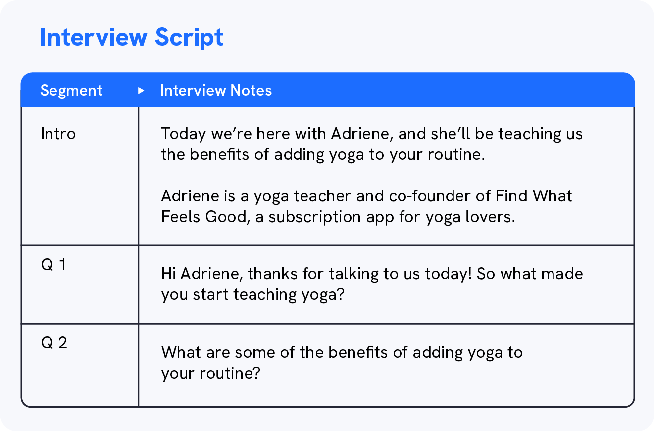 A graphic shows an example of an interview video script, also a Uscreen video script template that’s downloadable for free. 