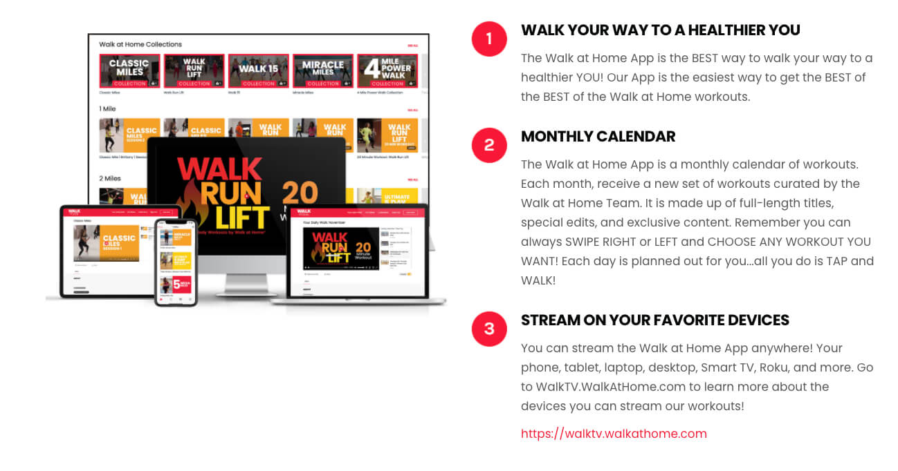 An image of Walk at Home’s platform that offers workouts indicating they learned how to make money as a fitness instructor on YouTube. 