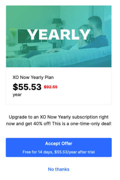 Image showing XO Now's Yearly plan with a discounted price.