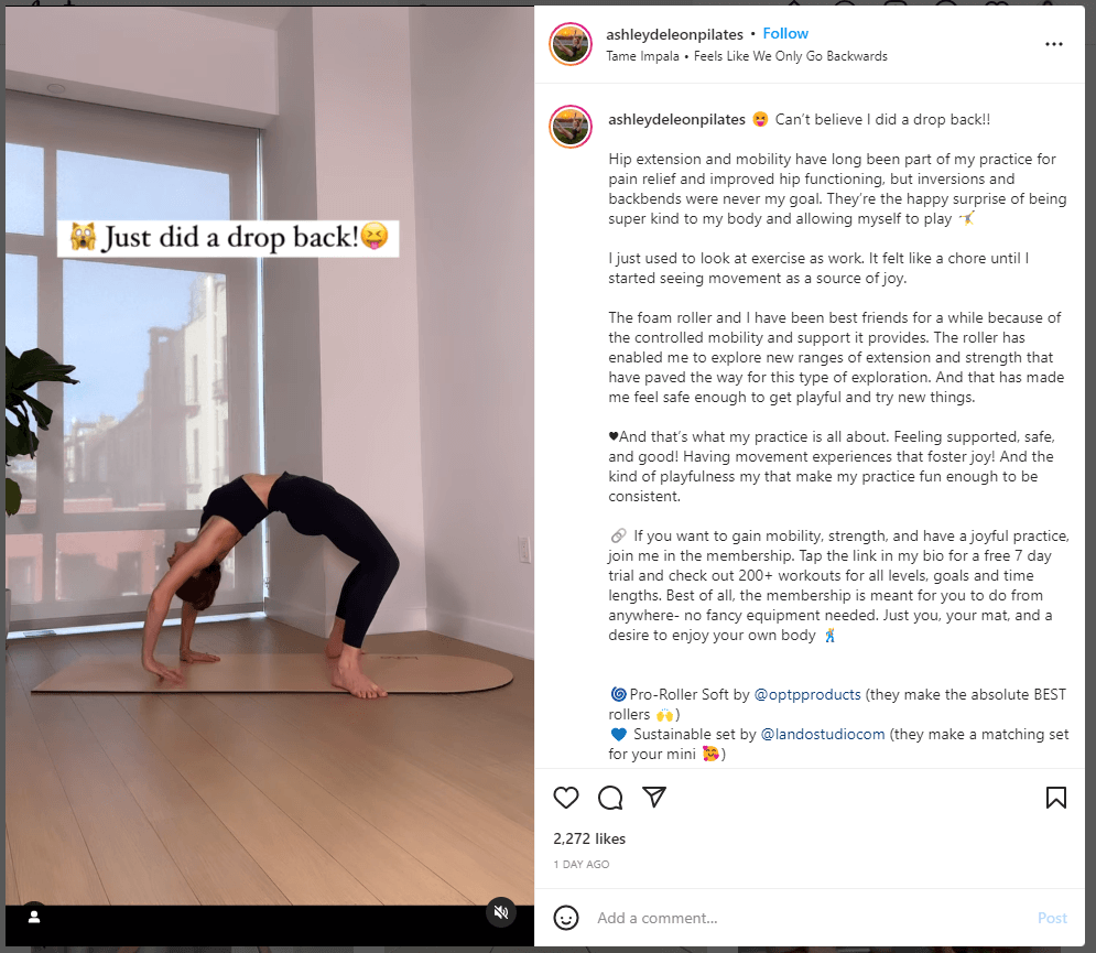 Ashley DeLeon pilates Instagram post.