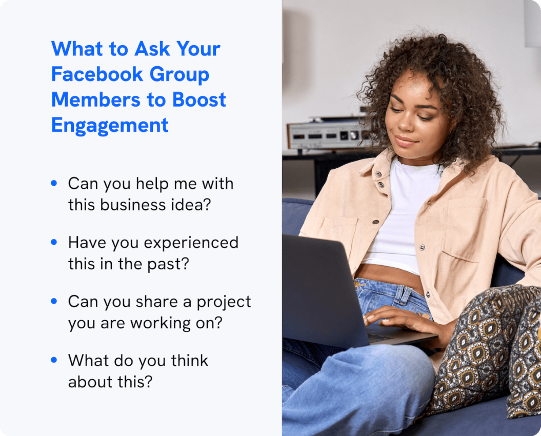 A graphic shows how to grow a Facebook Group by asking questions to increase engagement.